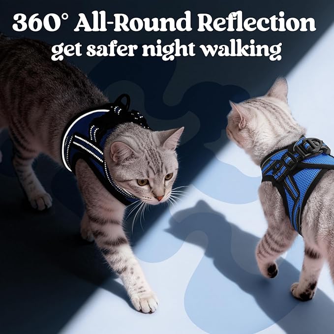 rabbitgoo Cat Harness and Leash Set for Walking Escape Proof, Adjustable Soft Kittens Vest with Reflective Strip for Cats, Comfortable Outdoor Vest,Blue,L