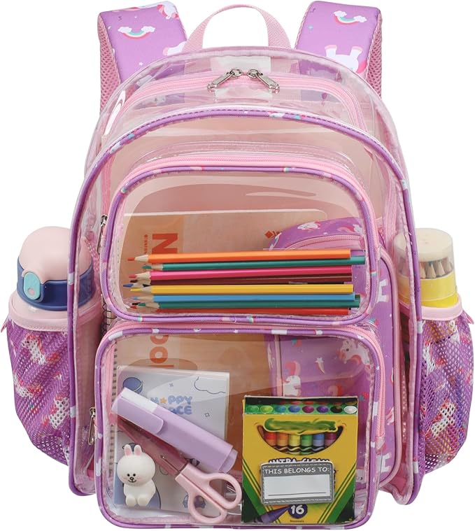 Clear Backpack for Girls, 15 Inch Heavy Duty Transparent Bookbag for Kindergarten to 2nd Grade, PVC See Through Daypack with Reflective Straps, Fits Standard Folders, Purple Cute Unicorn