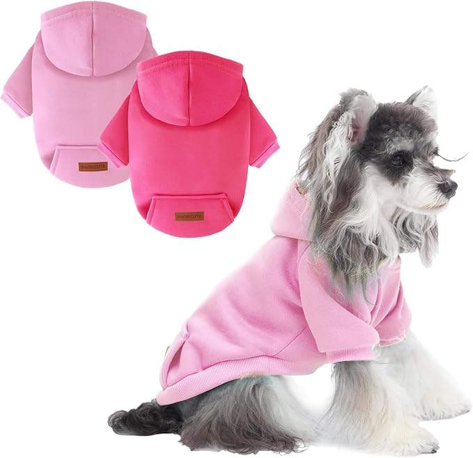 2 Pack Dog Hoodie Warm Hood Dog Sweater Cold Weather Small Dogs Sweatshirt Comfort Pet Clothes for Small Medium Dogs with Pockets (Rose+Pink, L (Back: 13.78",Chest: 18.9", 8.8-12.8lbs))