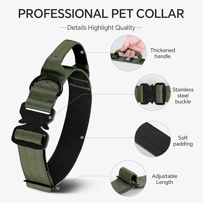 Tactical Thick Dog Collar, Adjustable Training Nylon Dog Collar, Heavy Duty Metal Buckle & Control Handle for Small Medium Large Dogs (M, Green)