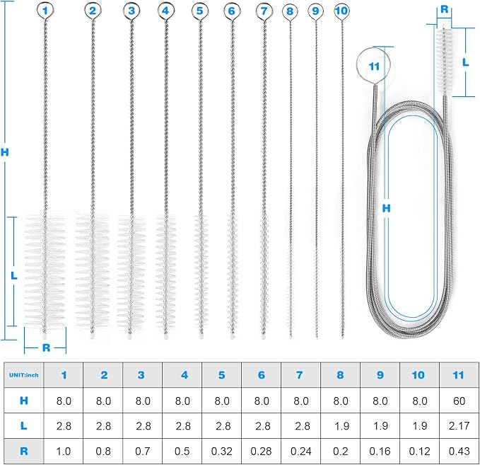 Ixiaoyoo 11 Pcs Cleaning Brushes Set, 8 Inch + 60 Inch Cleaner Brushes | White Nylon Brushes Kit for Bottles, Tumbler, Sippy Cups, Pet Waterers, Drinking Straws, Pipes, Sink Drain, Fish Tank, Hose