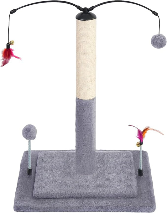 YUNIQUE Cat Scratching Post with Sisal Rope, Small Cat Tree with Dangling Balls & Feather for Kittens (Grey, 20.9)