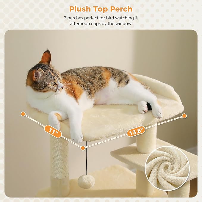 PETEPELA Cat Tree for Indoor Cats, 34.6" Small Cat Tower with Scratching Posts, 2 Condos, Scratching Ramp & Dangling Toys, Cat Play House for Multi-Cat Households, Beige