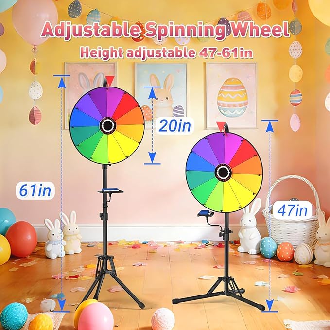 GSOW 20-Inch Spinning Prize Wheel, Adjustable 47"-61" Height Spin Game Storable Wheel with Stand, 12 Colors Wheel of Fortune for Carnival, Party, Classroom, Trade Show, Carnival Events
