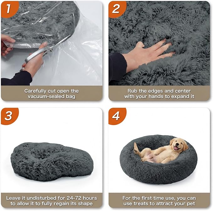 WROS Calming Dog Bed, 20" x 20" x 6" Fits Cat & Dog, Anti-Slip Round Washable Faux Fur for Doze Off, Napping Orthopedic, Dark Grey
