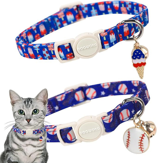 Cat Collar,2 Pack Blue Cat Collars Breakaway with Bell, DOGWONG Patriotic Popsicle Cat Collar for Boy Small Dogs，Adjustable Kitten Collar 7-12 Inch