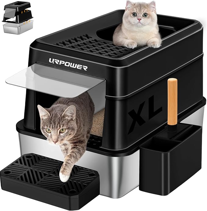 URPOWER Stainless Steel Cat Litter Box with Lid Extra Large Enclosed Litter Box Non-Sticky Metal Pan with High Sided & Scoop, Odor Free, Front & Top Entry, Anti-Leakage, Easy Cleaning