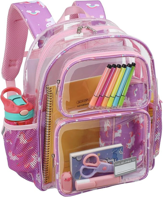 Bagseri Clear Backpack for Girls - 15 Inch Heavy Duty Kids Clear Bookbag for Kindergarten to Grade 2, Transparent School Bag with Reflective Strip, Fits Folders, Purple Unicorn