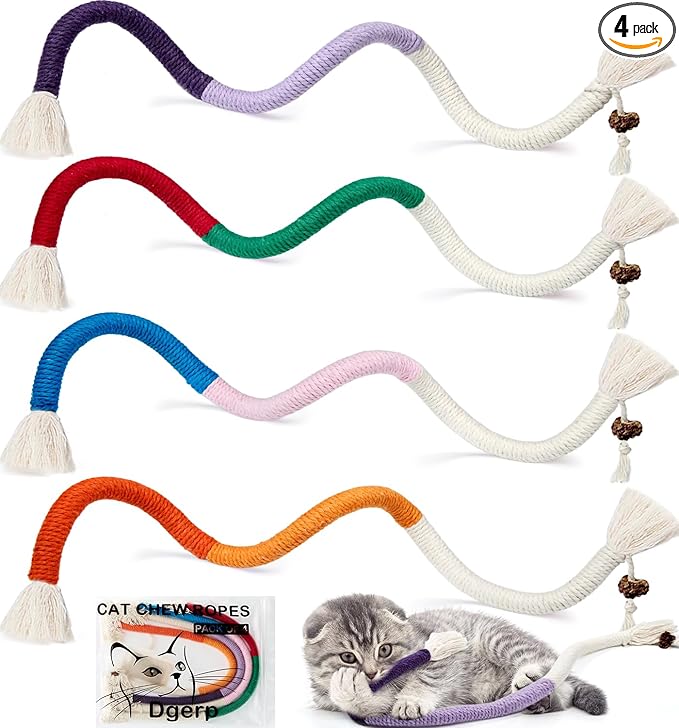 Cat Chew Ropes 4Pcs, Cat Toys for Indoor Cats with Refillable Natural Catnip, Safe Teeth Cleaning Chew Toys, Interactive Kitten Nip Toys and All Breeds (19.5 Inches)