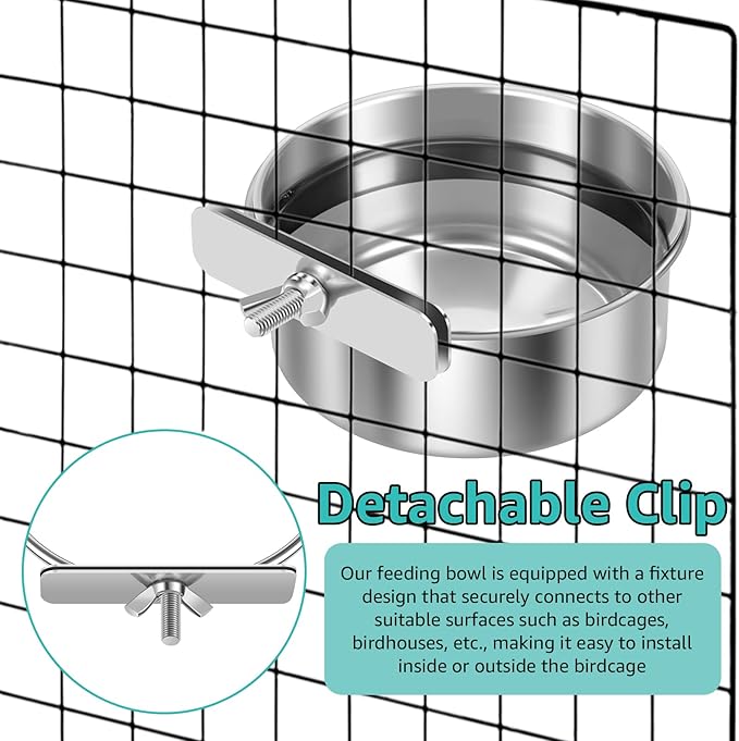 8 PCS Stainless Steel Bird Feeding Bowls, Bird Water Bowls with Clamp Holder, Parrot Food Dish Cups,Parrot Cage Coop Feeders for Cockatiels,Conure,Budgies,Finches,Parakeet and Similar Birds