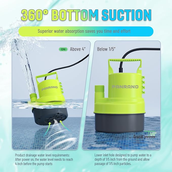 1/3 HP Submersible Water Pump 2000 GPH Portable Small Sump Pump For Pool Cover, Basements, Puddles, Gardens Ponds With 16.4 Ft Power Cord and Hose Adapters, Lemon Yellow