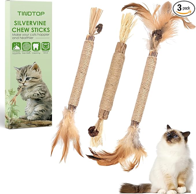 TINDTOP Silvervine Sticks for Cats with Natural Feather, Catnip Chew Toys for Kittens Teeth Cleaning, Increase Appetite, Calm Cat Anxiety and Stress, Cat Dental Toy (3 Pack)