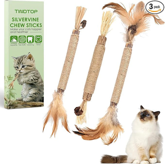 TINDTOP Silvervine Sticks for Cats with Natural Feather, Catnip Chew Toys for Kittens Teeth Cleaning, Increase Appetite, Calm Cat Anxiety and Stress, Cat Dental Toy (3 Pack)