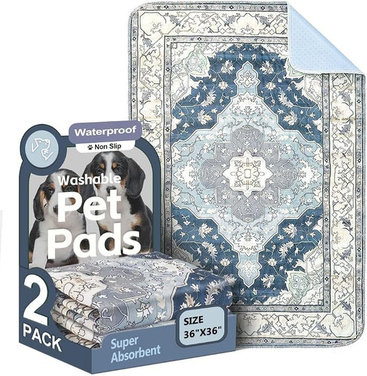 Washable Pee Pads for Dogs, 2 Pack Reusable Puppy Training Pads 36"x36" Super Absorbent Waterproof Dog Training Pads, Non-Slip Potty Pads, Whelping Pads Litter Mat Navy & Ecru