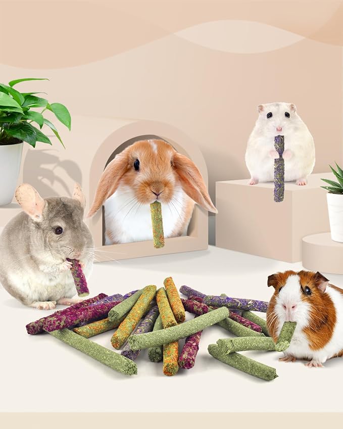 Bissap 22PCS Rabbit Chew Sticks, Mixed Natural Flower Rose Dahlberg Daisy and Forget-me-not Timothy Hay Chew Toys Treats for Rabbit Bunny Chinchilla Guinea Pig Hamster Other Small Animals Molar Snacks