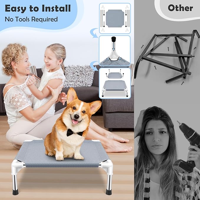 Elevated Dog Bed for Small Dogs, Outdoor Cooling Dog Bed Cot for Small Pets, Indoor Detachable Raised Dog Bed with Non-Slip Feet, Double Layer Polyester Cotton (20" L x 20" W x 6.5" Th)