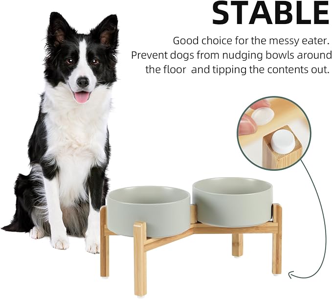 Havniva Ceramic Raised Double Bowls Set with Stand, Food & Water Bowls for Medium Breed Dogs, Weighted Dog Dishes, Pet Bowl(7.3'',41OZ, Grey)
