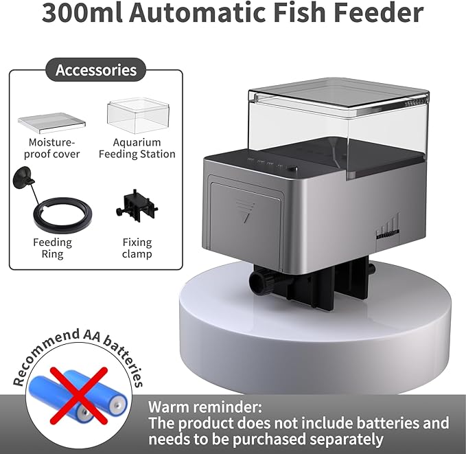 300ml Automatic Feeder for Aquarium Vacation Timer for Fish Tank Food Adjustable Auto Fish Feeder Dispenser for Pellets Strips 8/12/24/48H Timer Battery Operated(Not Included)