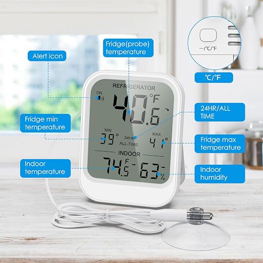 AMIR Digital Fridge Thermometer with Probe, LCD Display, Max/Min Records, Alarm, Digital Thermometer with External Sensor, Magnet, Suction Cup Freezer for Aquarium,Refrigerator,Freeze