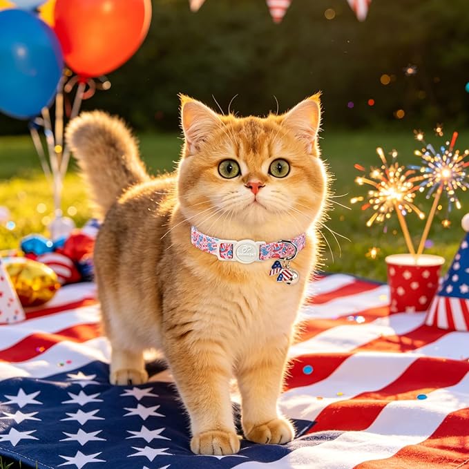 2 Pack 4th of July Cat Collars - Blue Retro Checkerboard Flag 1776 & Pink Patriotic Breakaway Cat Collars, Adjustable Soft Boy Girl Kitten Collar for Small Dogs Puppy with Bell & Pendant