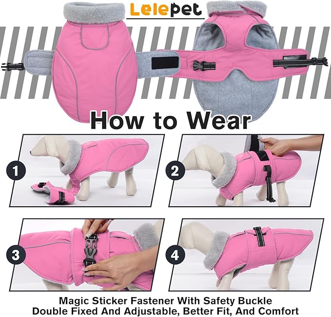 Lelepet Warm Dog Coats for Small Dogs Waterproof Dog Winter Jacket Reflective Pet Fleece Vest Windproof Cold Weather Coats with Adjustable Buckle & Leash Hole, Pink, S
