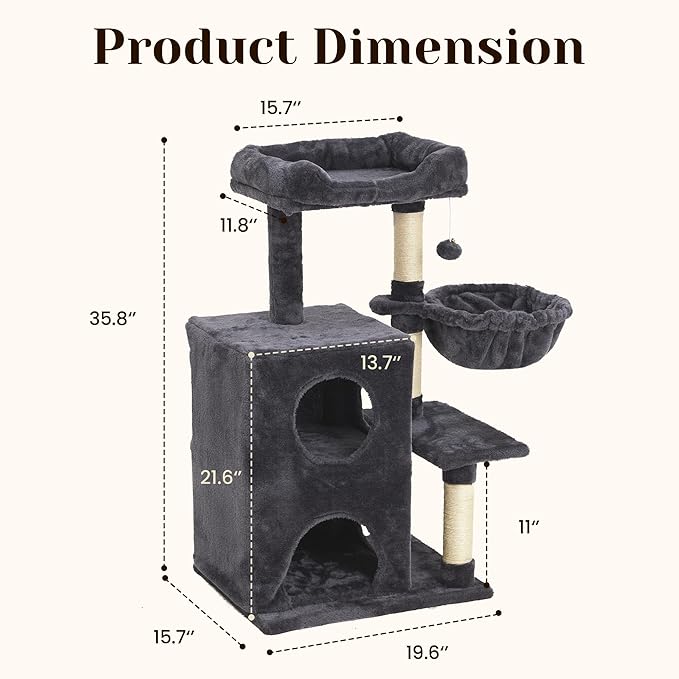 Fansafurn Cat Tree Tower for Indoor Cats, 36-inch Adult Cat Tree House for Large Adult Cats with Steps, Scratching Post, 2 Cat Condo, Dangling Toys, Dark Grey