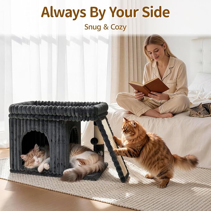 Cat Tree Tower Bed with Scratching Post for Indoor, Heavy Duty Small Stand House Condo for Large Cats & Kittens, Modern Sturdy Platform Perch Hideout Climb Rest Area, Dark Gray Striped Fabric