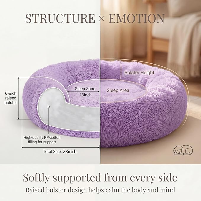 Calming Donut Dogs Beds for Small Dogs Washable,23inch Plush Round Pet Bed for Cozy Sleep,Fluffy Faux Fur Large Cat Bed,Fits up to 25 lbs Pets,Purple