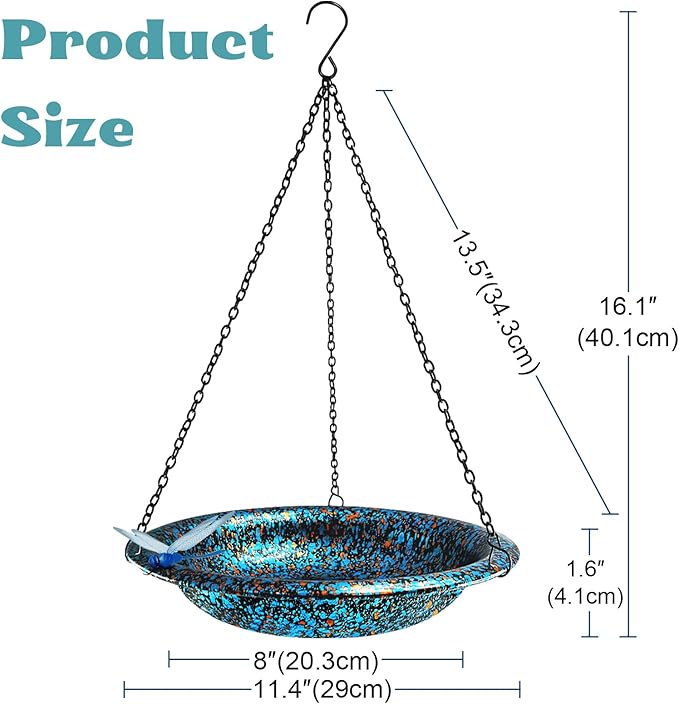 Hanging Bird Bath for Outside 11.4 inch Birdbath Bowl with Rust-Proof Black Chains Hooks Metal Hanging Window Bird Feeder for Outdoor Garden Decor (Blue Mix Copper Color)