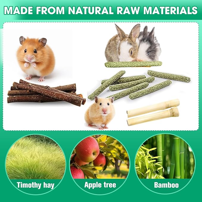WDEFUN Natural Pet Chew Toys Set - 20 Timothy Hay Sticks 20 Apple Tree Branches 5 Sweet Bamboo, Safe Chewing Toys for Rabbit, Guinea Pig, Hamster, Chinchilla, Gerbil - Teeth Grinding & Boredom Relief
