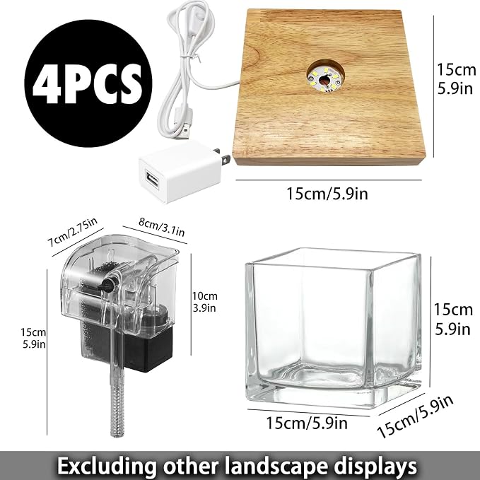 SARUFO 0.81Gallon Fish Tank Kit Desk Aquarium Set Small Glass for Kids Beginner Square Betta Fish Bowl with Wooden Base LED Light Water Pump Accessories Self-Cleaning Filter Copyright Patent