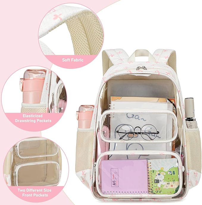 CAMTOP Clear Backpack Heavy Duty Transparent Bag See Through BookBag for Student School Work Festival Sport Travel (Pink Bow)