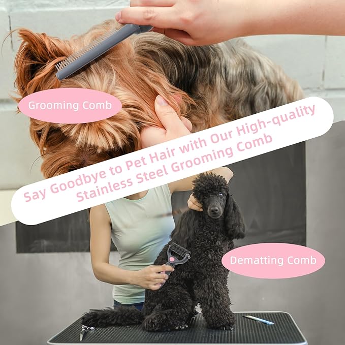 Wisedog Dog Grooming Kit 7PCS - Cat Nail Clipper with Nail File, Dematting Comb for Dogs, Flea Comb, Bath Brush, Hair Removal Mitts (Upgraded Pink)