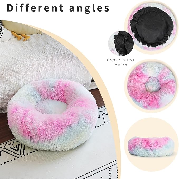 nononfish Calming Donut Beds for Small Dog Washable, 19 Inch Fluffy Round for Puppies, Cats & Toy Breeds with Raised Rim, Fits up to 15 lbs Pets, Multi Colored