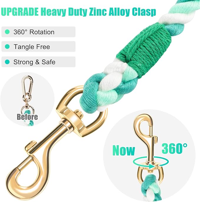 Dog Leash 6 FT Handmade Braided Cotton Rope Leashes for Small Medium and Large Dogs, New Golden Heavy Duty Metal Clasp, Moss Green