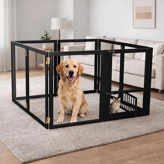 Acrylic Dog Playpen with Door, 27.5“ Height, Heavy Duty Clear Pet Pen, Dog Fence Crate Kennel Whelping Cage, Ideal for Small to Medium Dogs, Cats, and Other Small Pets (Black)