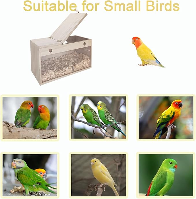 Tfwadmx Parakeet Nesting Box, Transparent Bird Nest Breeding Box, Wood Parrot Nest Box with Perch Bird Cage House for Cockatiel Lovebirds Budgie Canary Finch(S)