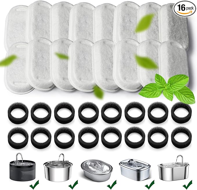 Cat Water Fountain Filters,Cat Fountain Replacement Filters for Stainless Steel 108oz/3.2L&67oz/2L Adjustable Water Flow Pet Water Fountain,Dog Water Fountain (16+16 Pack)