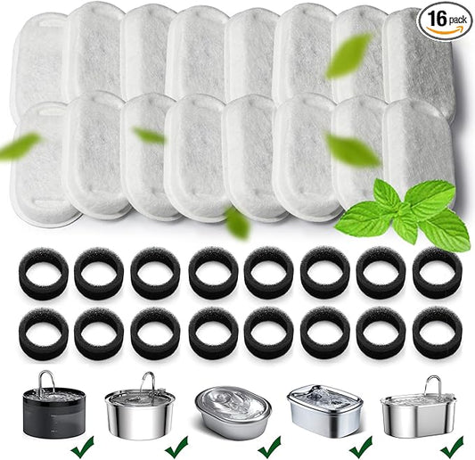 Cat Water Fountain Filters,Cat Fountain Replacement Filters for Stainless Steel 108oz/3.2L&67oz/2L Adjustable Water Flow Pet Water Fountain,Dog Water Fountain (16+16 Pack)