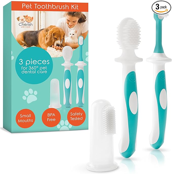 Cherish Pet Care Dog Teeth Cleaning Kit - 3pcs: Finger Toothbrush, Double-Sided Toothbrush, Fresh Breath & Plaque Removal