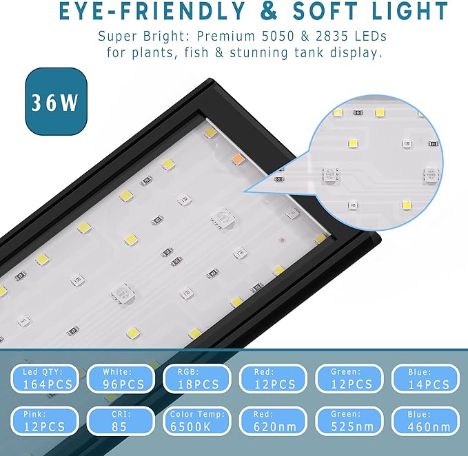 24/7 LED Aquarium Light with Remote for 36-46 Inch Plant & Fish Tank IP68, 12-Color & Gradient & Full Spectrum Light with Timer, Auto On/Off, Brightness, Extendable Brackets for Freshwater