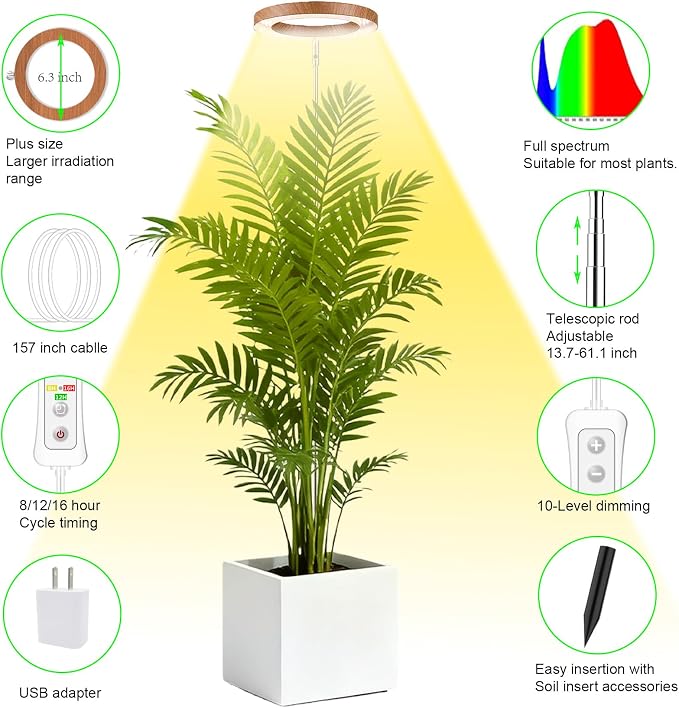 Plant Grow Light,LED Growing Light Full Spectrum for Indoor Plants,Aluminum Cherry Wood Grain Plant Lights,Height Adjustable, Automatic Timer, 5V Low Safe Voltage