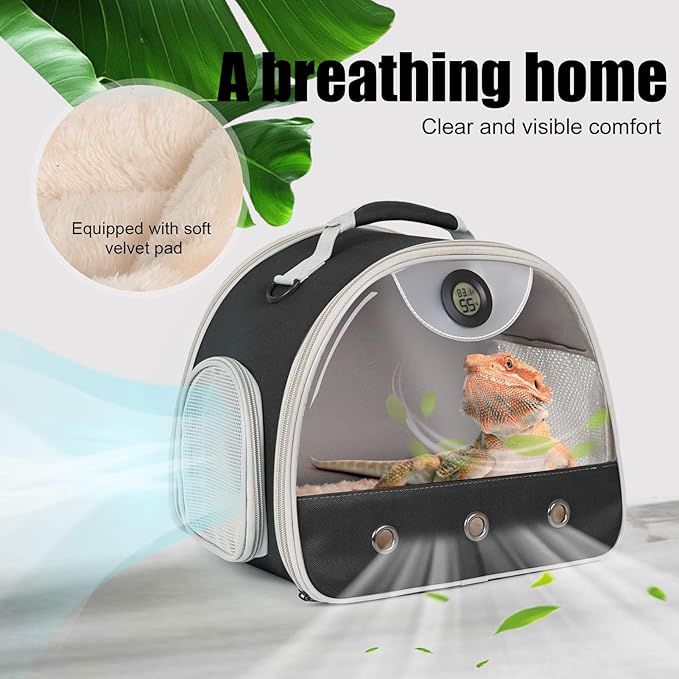 Bearded Dragon Carrier, Reptile Travel Bag with Built-in Thermometer Hygrometer, Breathable Small Animal Carrier with Clear View Window, Portable Lizard Habitat for Ball Python
