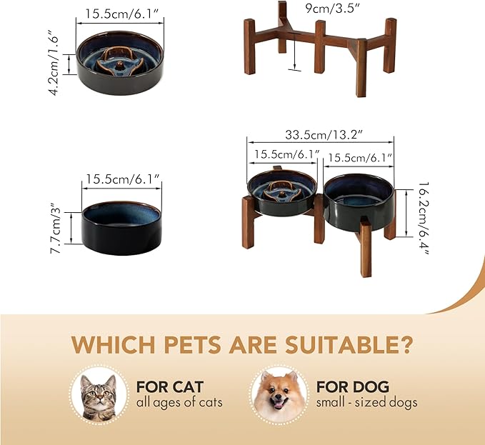 Havniva Elevated Slow Feeder Dog Bowls, 0.9 Cups Slow Feeders 6.1 inch Ceramic Dog Food & Water Bowls Set with Acacia Wood Stand Puzzle Bowls for Fast Eater, Small Dogs Anti-Choking