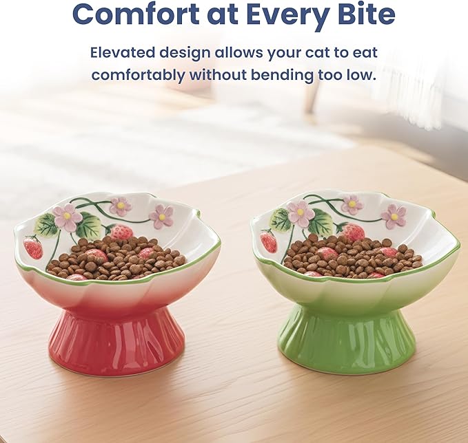 PawsPik Strawberry Blooms Elevated Ceramic Cat Bowl – Raised Cat Food Bowl with 15° Tilt, Whisker-Friendly Pet Feeding Bowl, Anti-Choking Dish, Dishwasher Safe (Green)