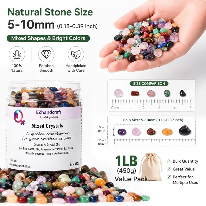 Natural Mixed Gemstone Crystal Chips – Polished Crystals Gravel Stones for Succulent Top Dressing, Aquarium Gravel, Vase Fillers, Resin Art, Healing & Home Decor (1 Pound Bulk)