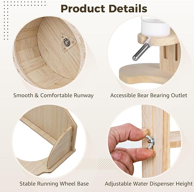 2 PCS Wooden Silent Hamster Wheel and Hamster Water Bottle Set, 8.6" Guinea Pig Wheel with Adjustable Water Dispenser Stand for Gerbil, Syrian & Dwarf, Chinchilla and More Small Animal