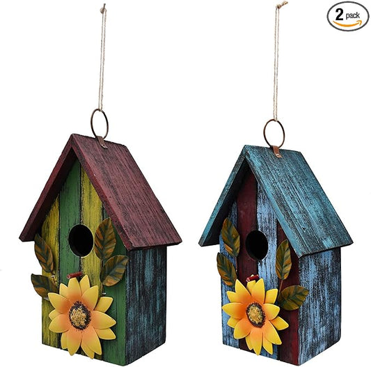 2 Pack Wood Bird House for Outside, Hanging Decorative Bird House Outdoor Garden Patio Yard Rustic Hand-Painted Bluebird Birdhouse Nesting Box for Finch Wren Sparrow Chickadee