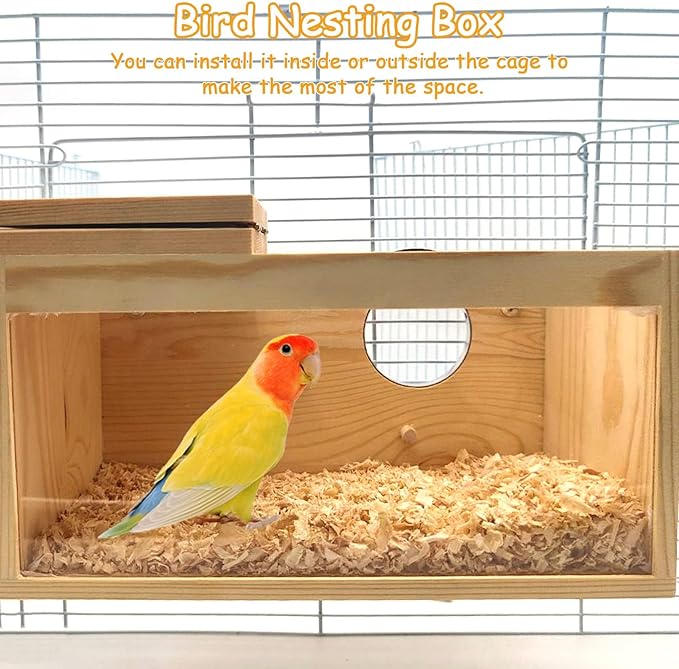 PINVNBY Large Natural Wood Parakeet Nesting Box Budgie Breeding Box Acrylic Bird Nest for Cage Transparent Panoramic for Birds, Parrots, Cockatiels, Lovebirds, Canaries (S: 7.87 x 4.72 x 4.72 inch)