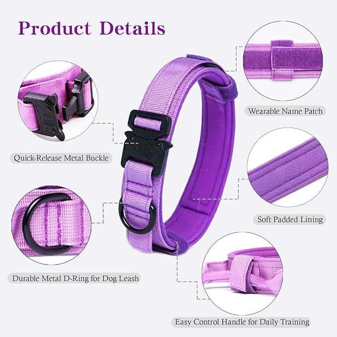 Xqpetlihai Tactical Dog Collar and Leash Set Adjustable Military Nylon Dog Collar with Control Handle and Heavy Duty Metal Buckle for Large Dogs（Purple S